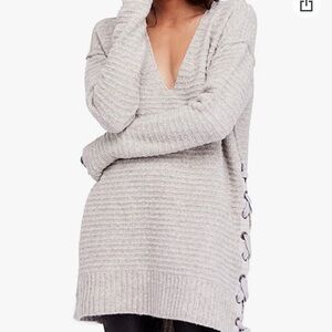 Free People Womens Lace-Up V-Neck Pullover Sweater Gray XS